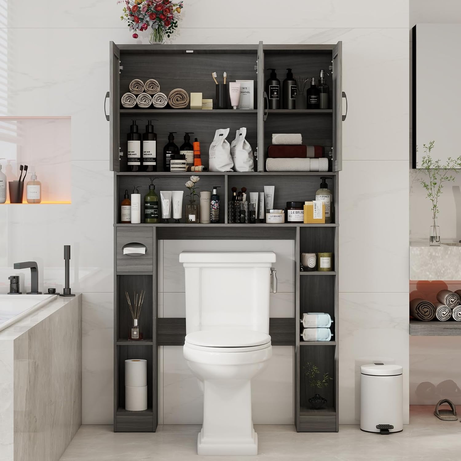 Vabches 67" Over The Toilet Storage Cabinet with Adjustable Shelf and Paper Holder, Freestanding Bathroom Storage Organizer with Open Storage Shelf