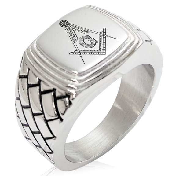 Tioneer Stainless Steel Freemasons Masonic Floral Compass Geometric Pattern Step-Down Biker Style Polished Ring