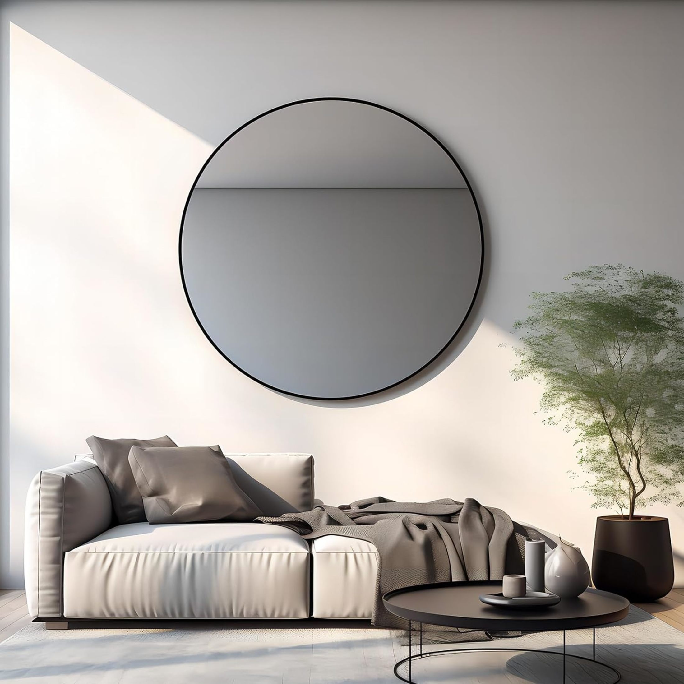 Noble House 42" Round Metal Wall Mirror, Vanity Mirror for Bathroom, Bedroom & Living Room, Black