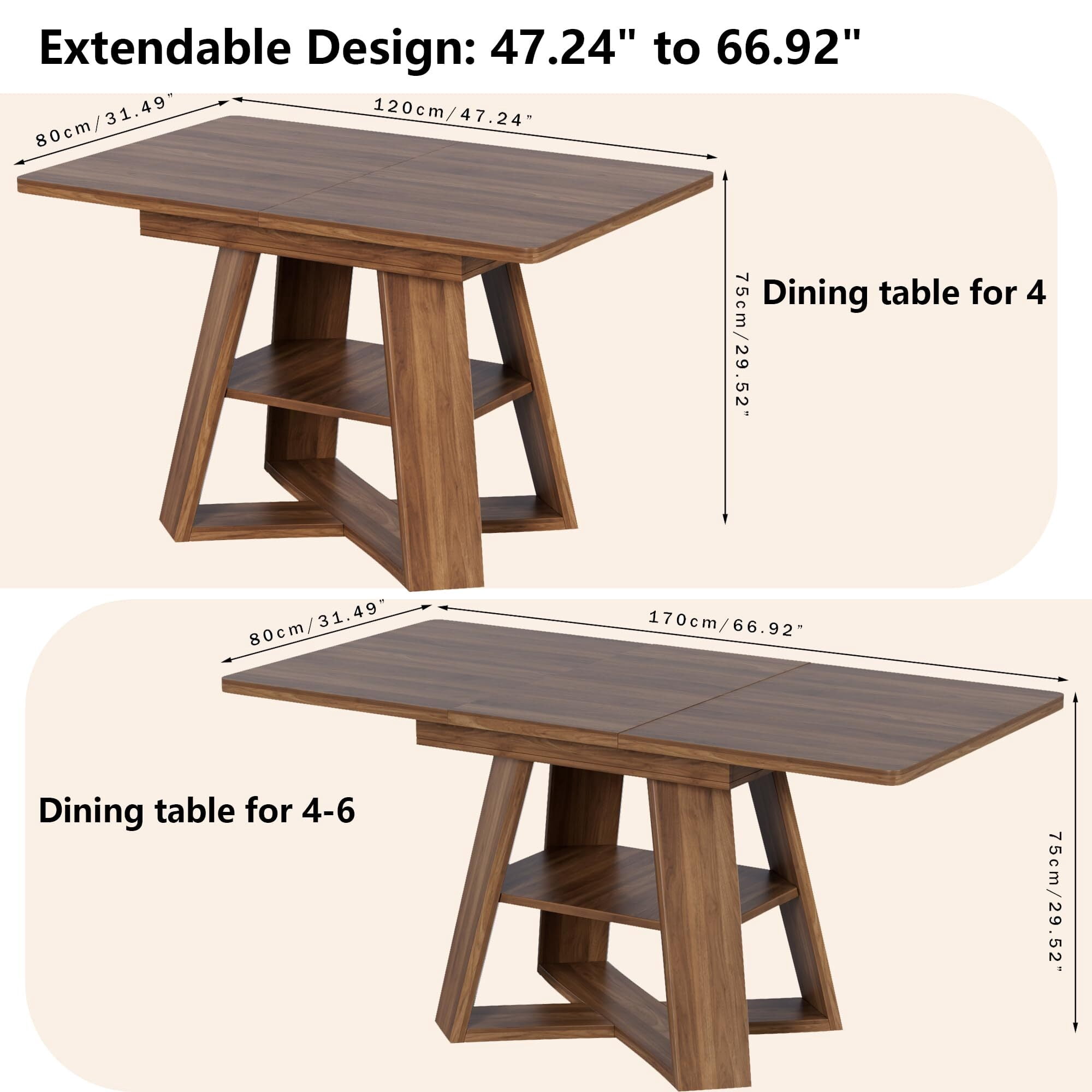 Extendable Dining Table 47.24''-66.92'', Seats 4-6, Rectangle Kitchen Table with Removable Leaves, Storage Shelf, Walnut