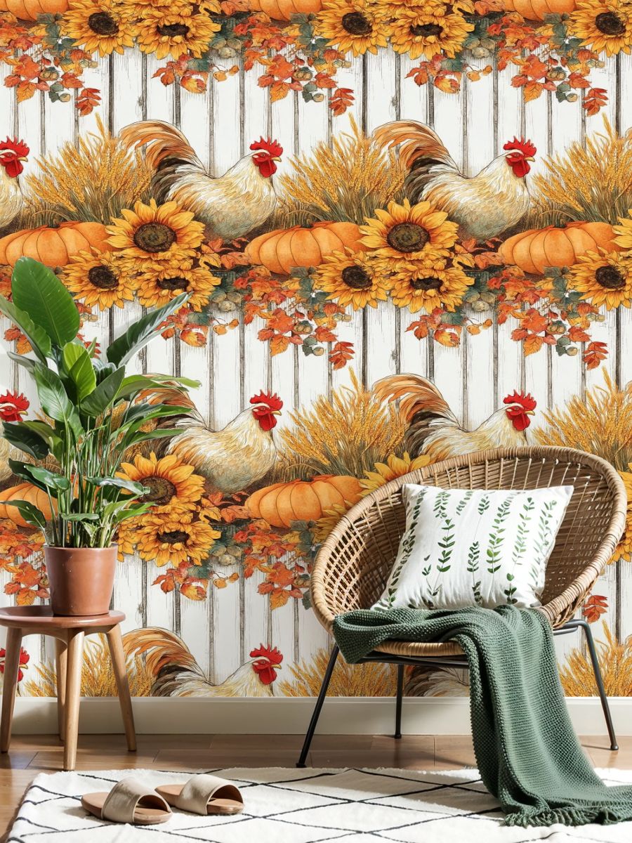 Farmhouse Peel and Stick Wallpaper 17.7in x 9.8ft Autumn Harvest Scene Sunflowers Pumpkins Roosters Fall Contact Paper Vinyl Waterproof Self Adhesive Wall Paper for Bedroom Cabinet Renter Friendly