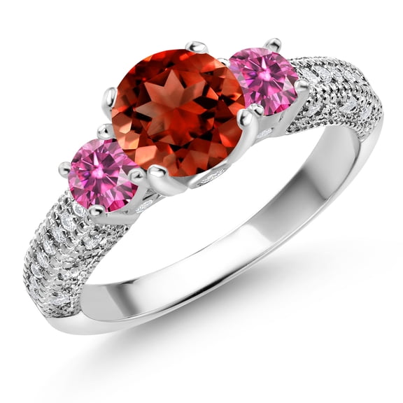 Gem Stone King 925 Sterling Silver Red Garnet Pink Moissanite and White Moissanite Engagement Ring for Women (2.04 Cttw, Gemstone January Birthstone, Round 7MM and 4MM, Size 9)