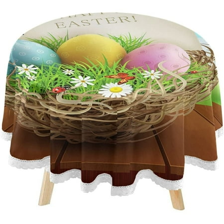 Wellsay Basket Easter Eggs Round Tablecloth 60inch Indoor Wrinkle Free Wooden Table Circular Lace Table Cover Washable for Kitchen Party BBQ Dining Decor