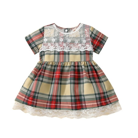 

Musuos Toddler Girls Plaid Print Dress Cute Short Sleeve Round Neck Lace Patchwork A-line Dress