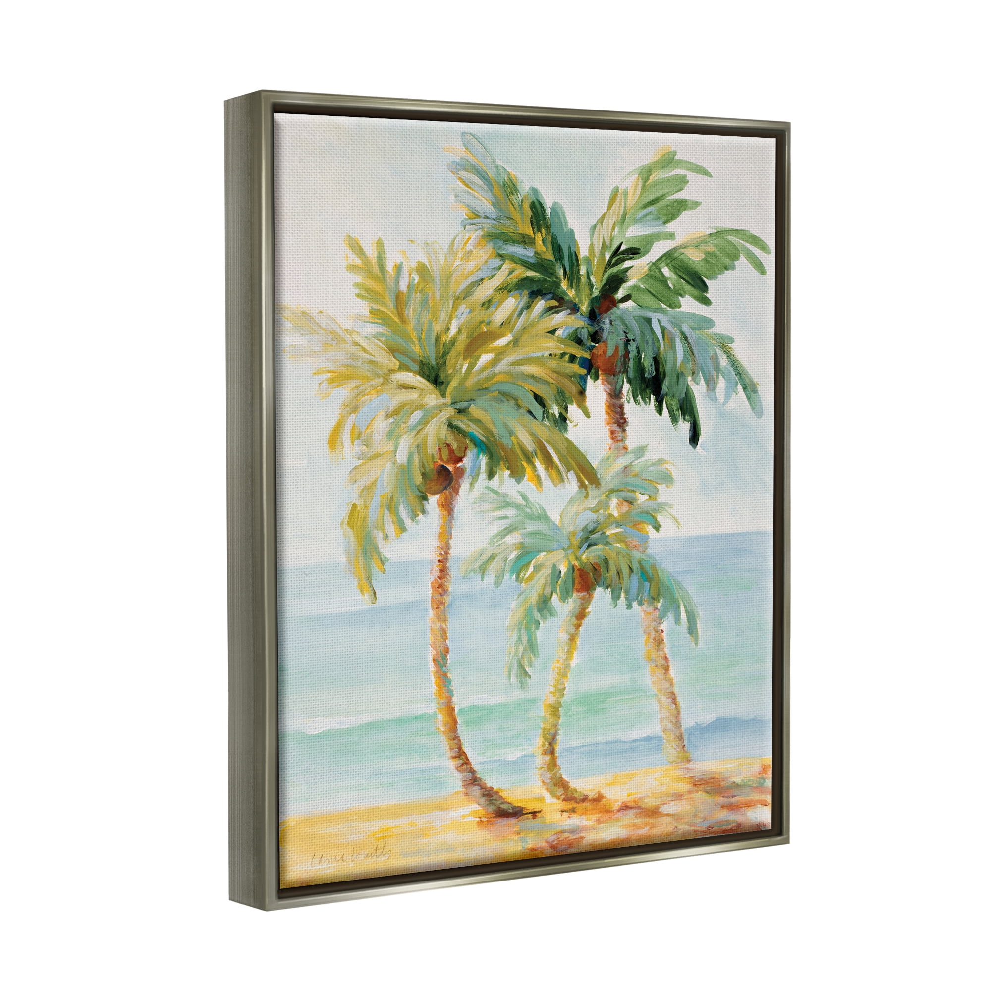 Stupell Industries Tropical Palm Trees on Coastal Beach Sand Luster Gray Framed Floating Canvas Wall Art, 16x20, by Lanie Loreth