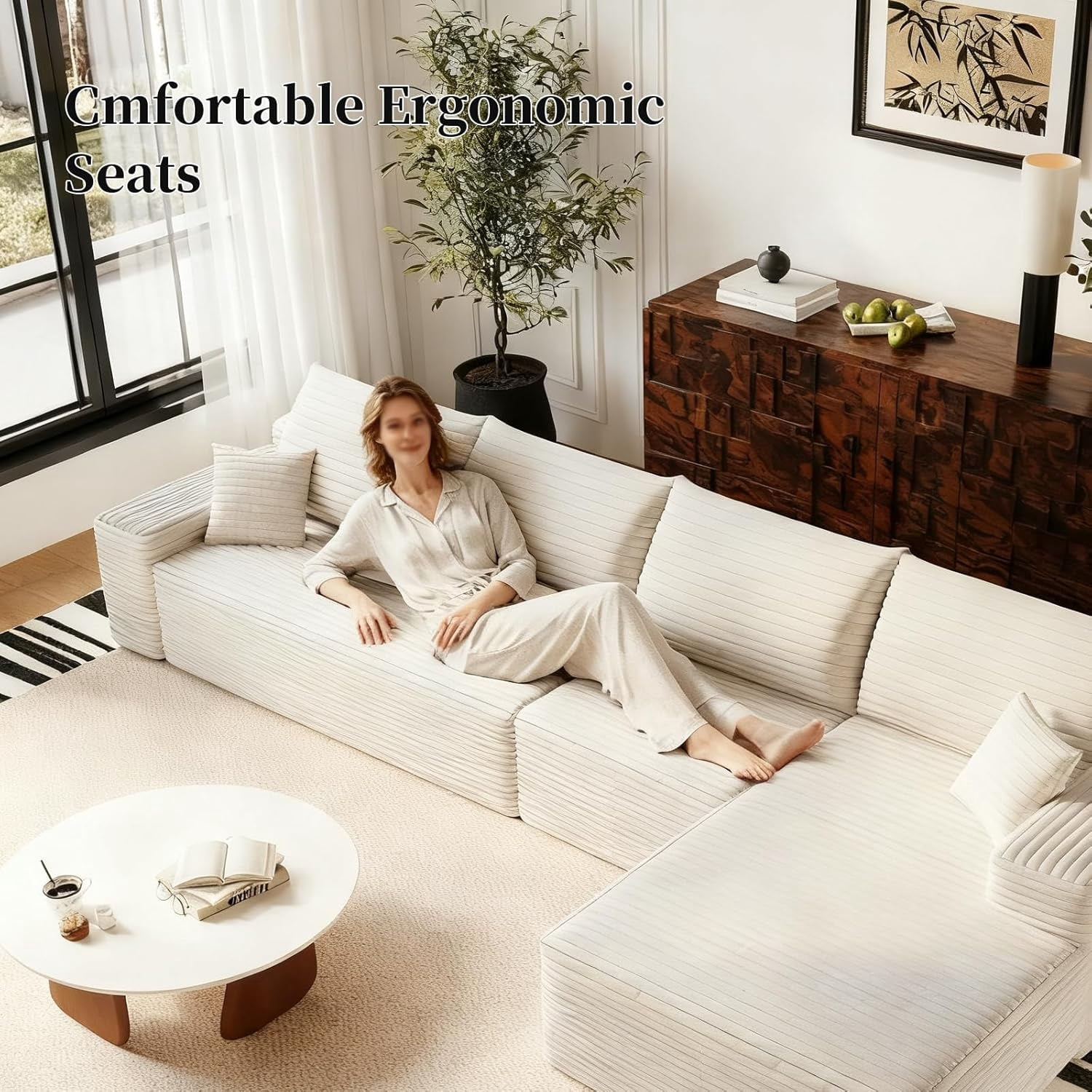 Sailvan 135" Cloud Sectional Couch, Cloudy Sofa with L-Shape Chaise, Upholstered Couches for Living Room & Bedroom, No Assembly Required, Plush Corduroy Fabric, Beige