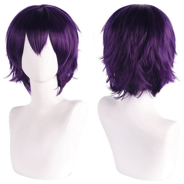 Zhuge Peluca de pelo corto unisex de anime, peluca de anime para cosplay, pelucas sintéticas resistentes al calor para fiesta de disfraces con flequillo, violeta