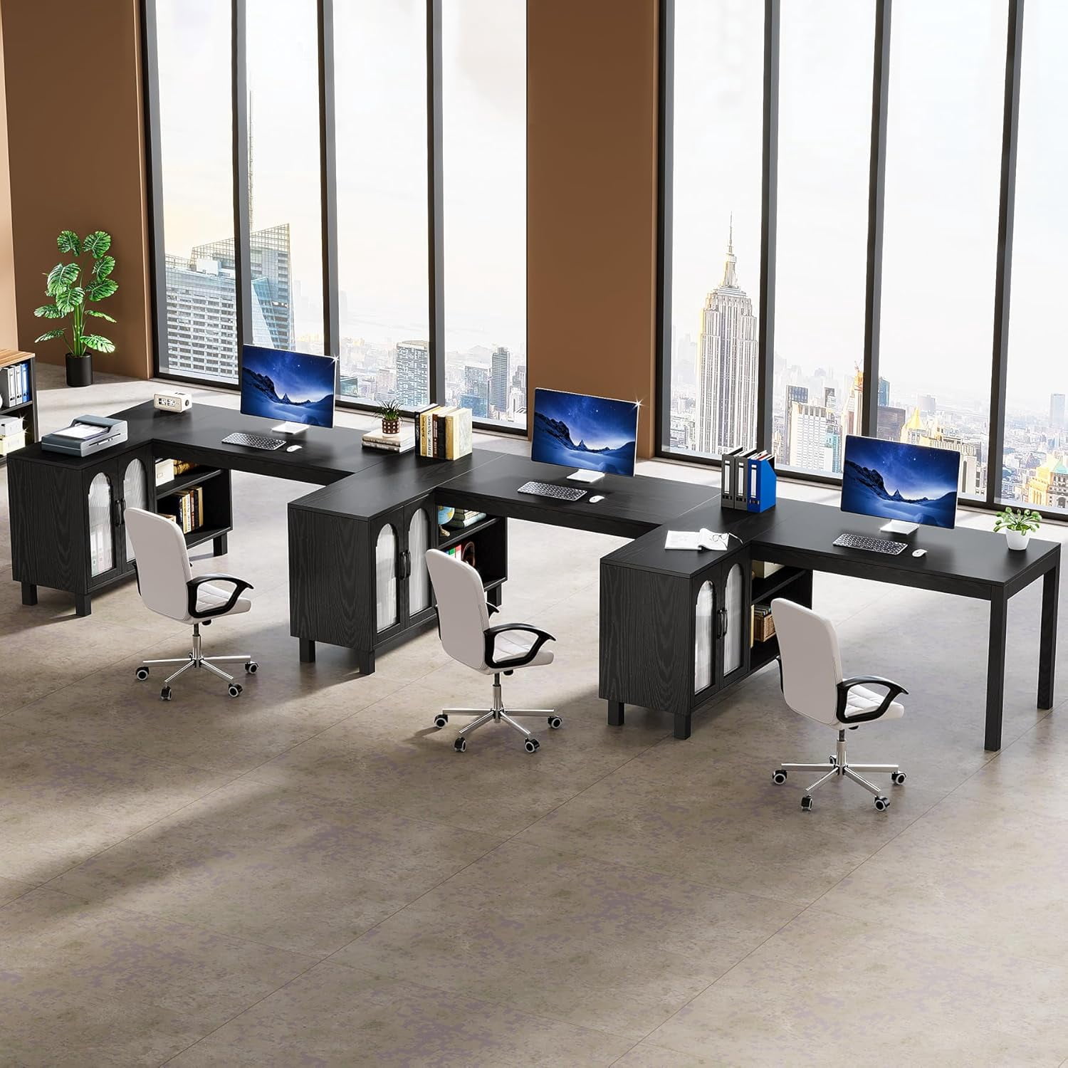 Fnova 59" L Shaped Computer Gaming Desk, Office Desk Writing Table Workstation, Executive Desk with 4 Storage Shelves, for Home Office, Black