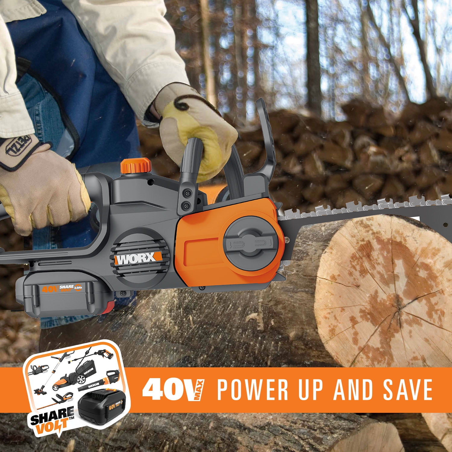 WORX POWER SHARE 40V 12in Cordless Chainsaw w/ Auto Tension 