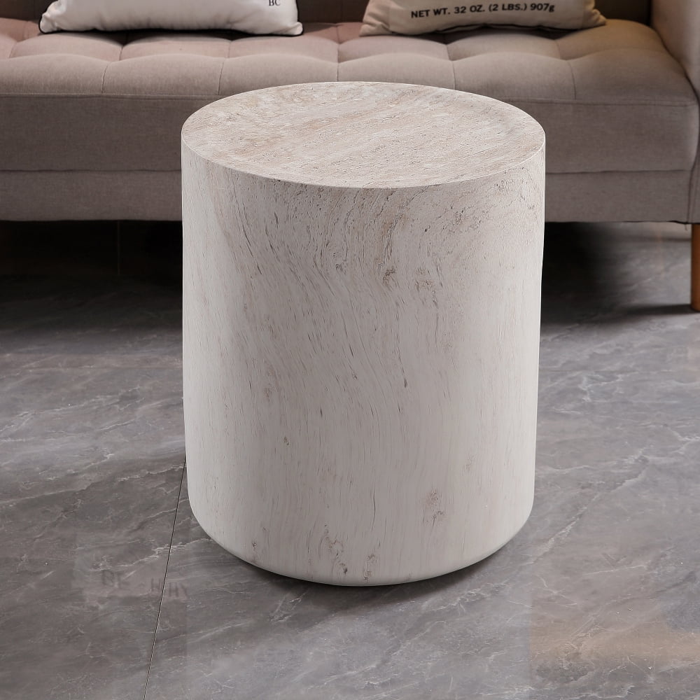 31.5" Round Drum Coffee Table, Light Travertine Finish Magnesium Oxide Table, Weather Resistant Indoor Outdoor Accent Table