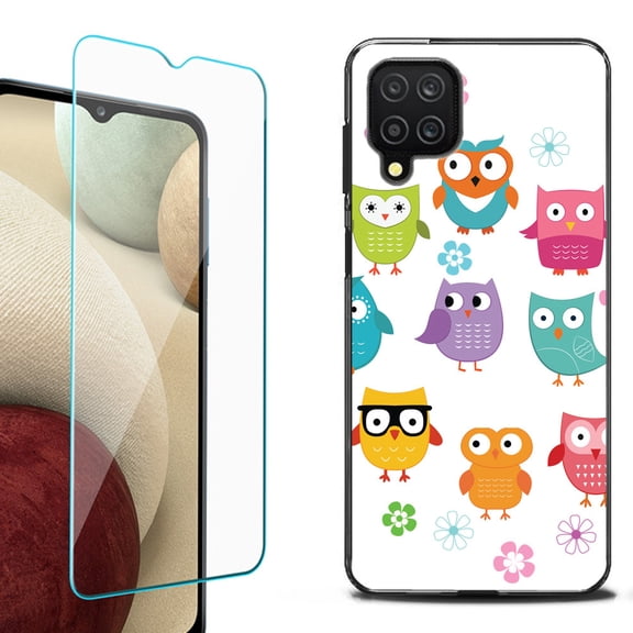 Slim-Fit Flexible TPU Gel Phone Case (black) for Samsung Galaxy A12, with Tempered Glass Screen Protector, by OneToughShield ® - Happy Owl