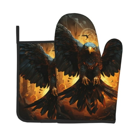 

Zeuib Cool Black Eagle Print Oven Mitt & Pot Holder Set 2-Pack Kitchen Gloves and Hot Pads for Cooking BBQ Grilling Baking