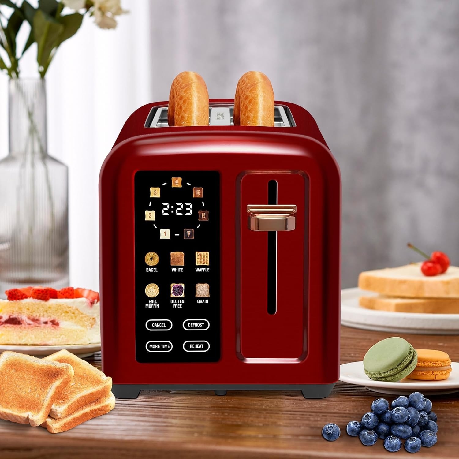Toaster 2 Slice, Touch Control Stainless Toaster LCD Display, 50% Faster Heating Speed, 1.4'' Wide Slots, More Timer Functions, Removable Crumb Tray, 1350W, Dark Metallic