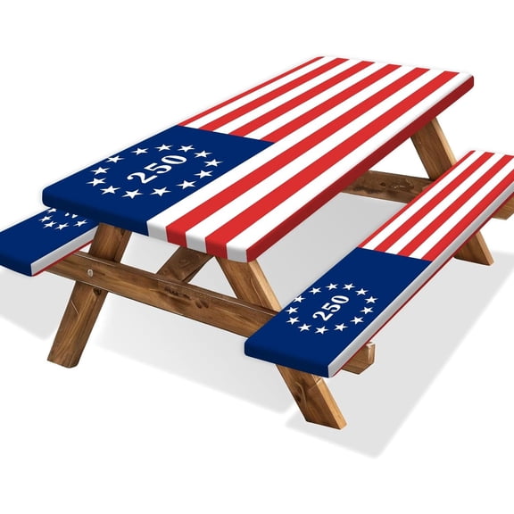 250 Year American Anniversary Flag Picnic Table Cover with Bench Covers Camping Essentials 250th USA Flag Fitted Camping Tablecloth Cover with Elastic Edge for Outdoor 3 PCS 30x72 Inch