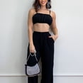 thumbnail image 2 of Conjunto de top de tubo fruncido y pantalones de cintura alta, tirantes finos, negro liso, talla XL Summer Chic, 2 of 5