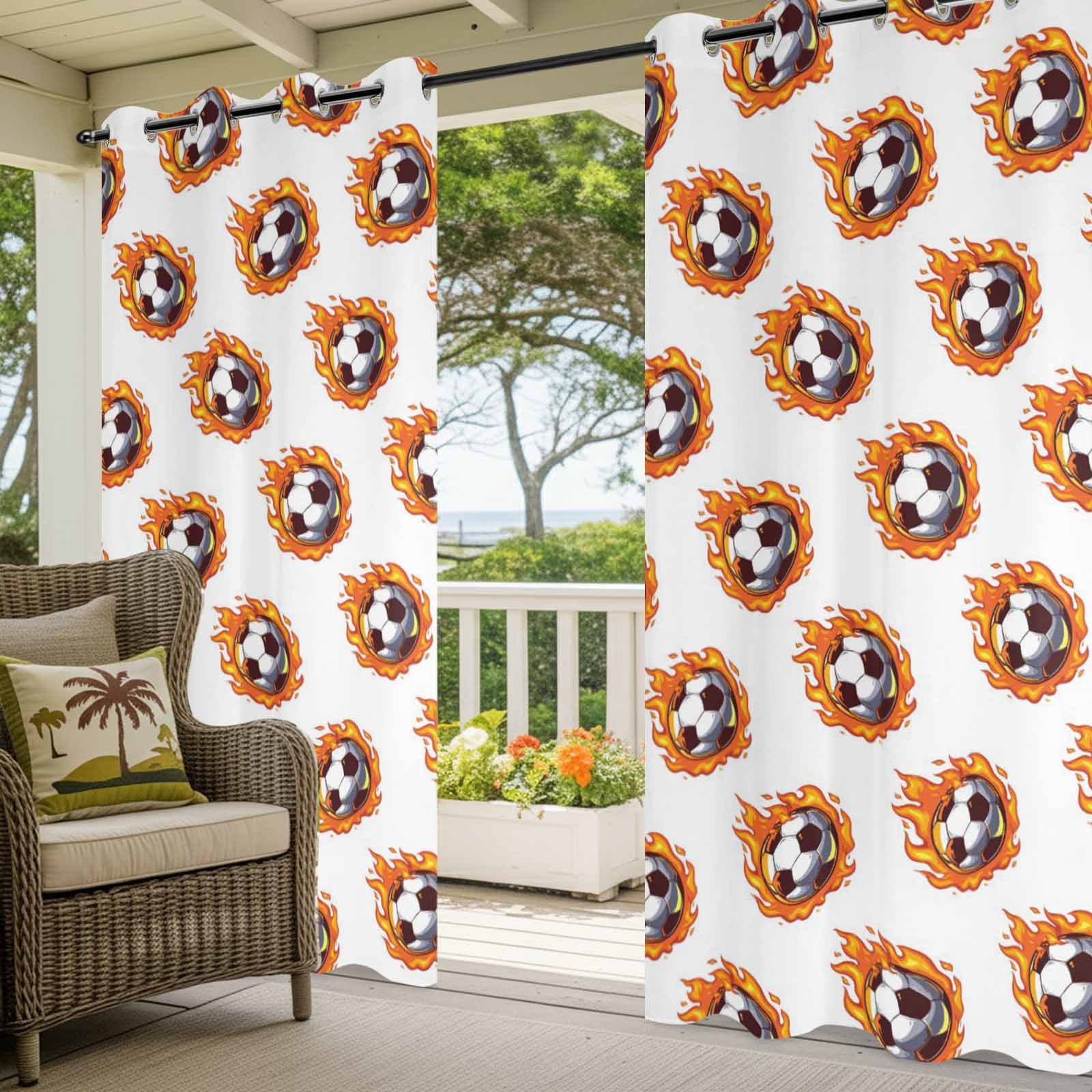 Dark Flaming Soccer Outdoor Curtains for Patio, Hot Sports Orange Yellow Soccer Ball Sunshade Privacy Drapes Grommet Waterproof Outside Curtains for Porch/Cabana/Balcony 54"x 108", 1 Panel