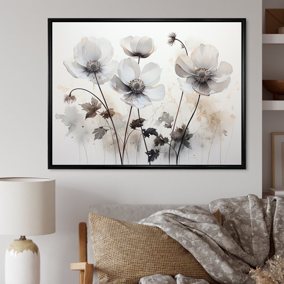 Designart "Buttercup Meadows On Grey Scale I" Buttercups Floater Framed Canvas Wall Art