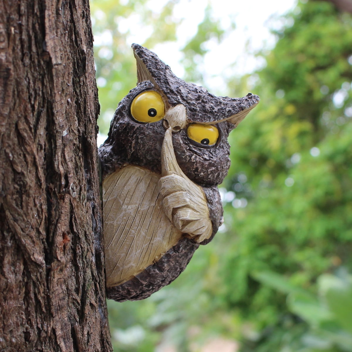Owl Tree Hugger, Funny Keep Quiet Owl Statue Outdoor Tree Face Decor, Resin Tree Sculpture Garden Peeker Yard Art Ornaments, Housewarming Gift