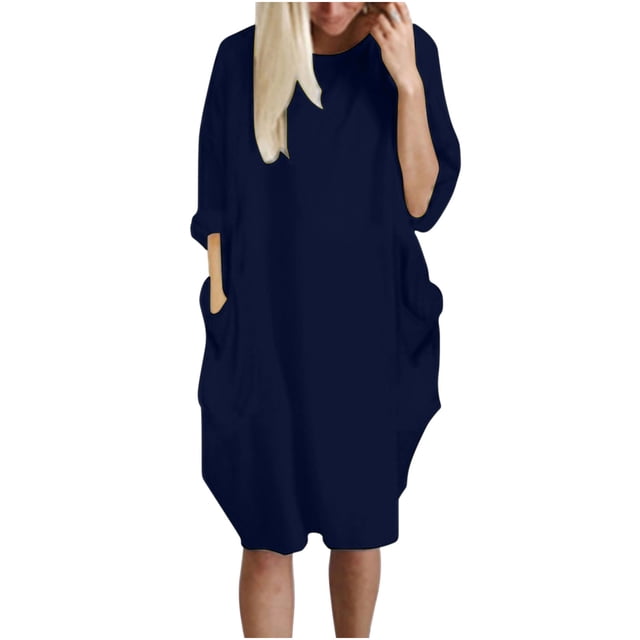 Pompotops Robe Ample pour Femmes avec Poches, Col pour Dames, Hauts Longs Décontractés, Robe Grande Taille en Solde