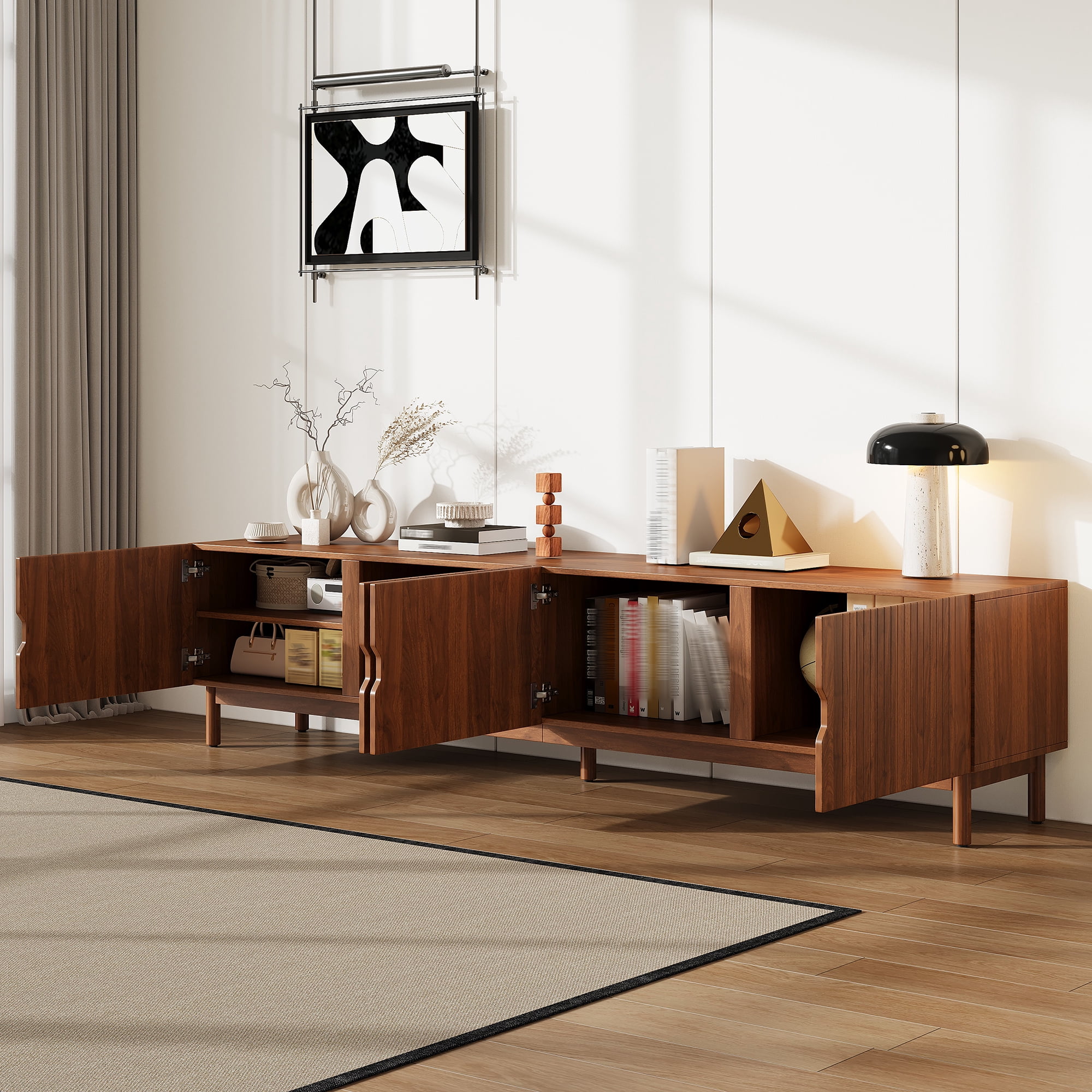 TV Stand for TVs up to 90 Inch, Entertainment Center with Vertical Groove Doors & 4 Cabinets, Media Console with Solid Wood Legs for Living Room
