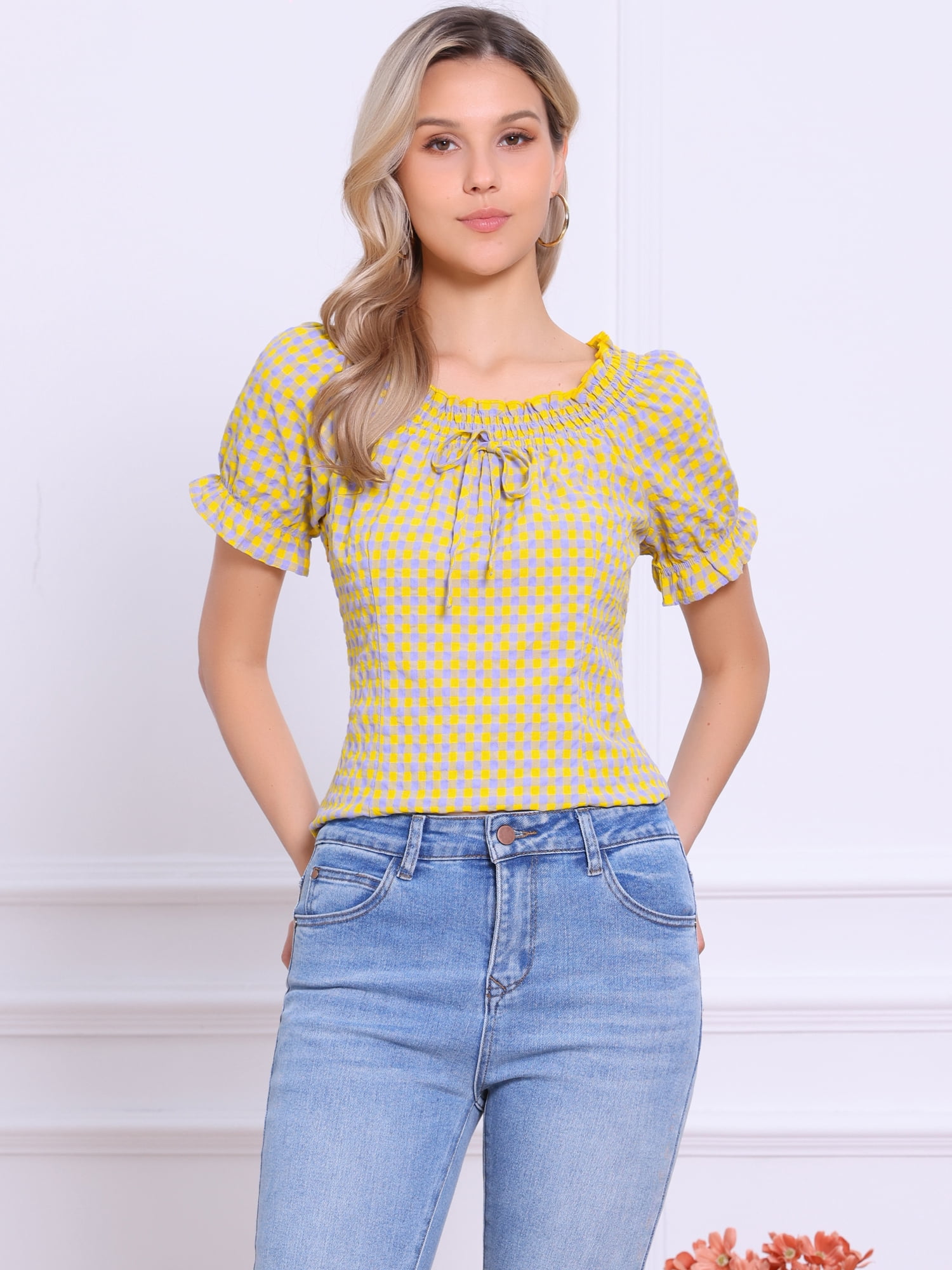 DARING DIVA Women's Gingham Plaid Peasant Round Neck Puff Sleeve Tops XL Purple Yellow