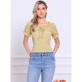 thumbnail image 4 of DARING DIVA Women's Gingham Plaid Peasant Round Neck Puff Sleeve Tops S Purple Yellow, 4 of 6