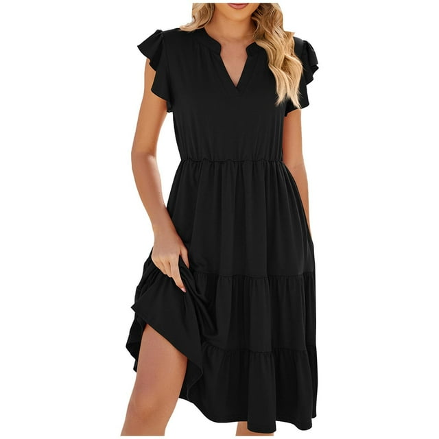 Cameland Robes d'Été pour Femmes Col en V à Volants Robe Décontractée Bohème Robe de Plage Ample à Étages