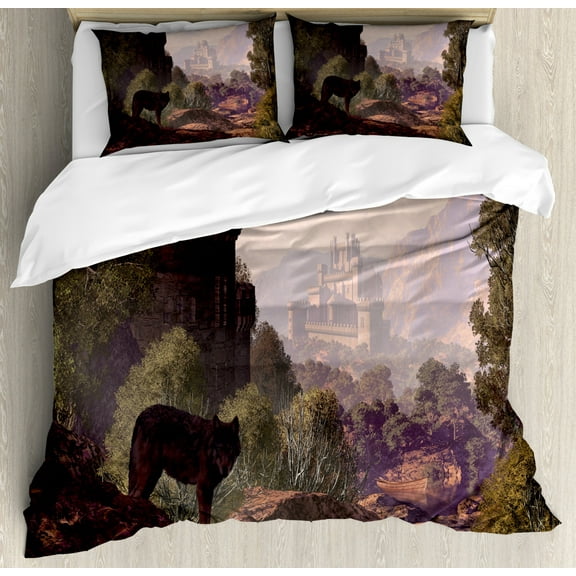 Woodland Duvet Cover Set King Size, Wolf Coming out of the Woods Gothic Castle Lake Boat off in Distance, Decorative 3 Piece Bedding Set with 2 Pillow Shams, Brown Army Green Rose, by Ambesonne