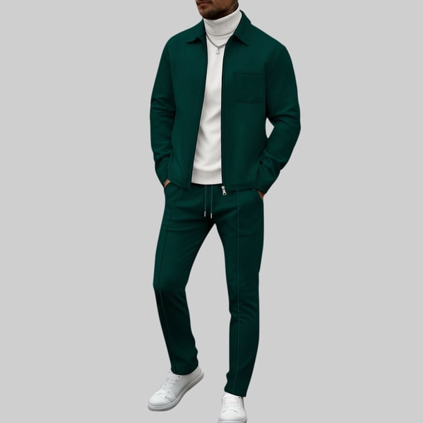 Ceisia Men's Slim Fit Waffle Knit 2-Piece Set Long Sleeve Zip-Up Jacket with Elastic Waist Drawstring Pants Gifts