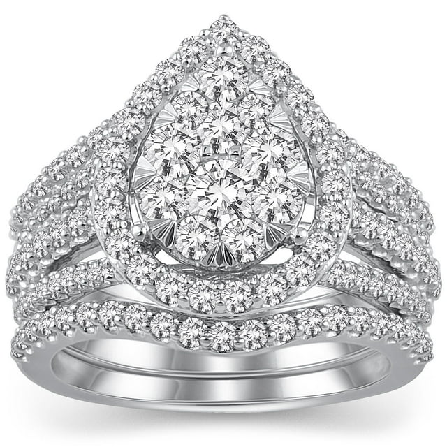 2.00 CT T.W. Round Cut Pear Shape Halo Diamond Ring & Band Set in 14K Gold