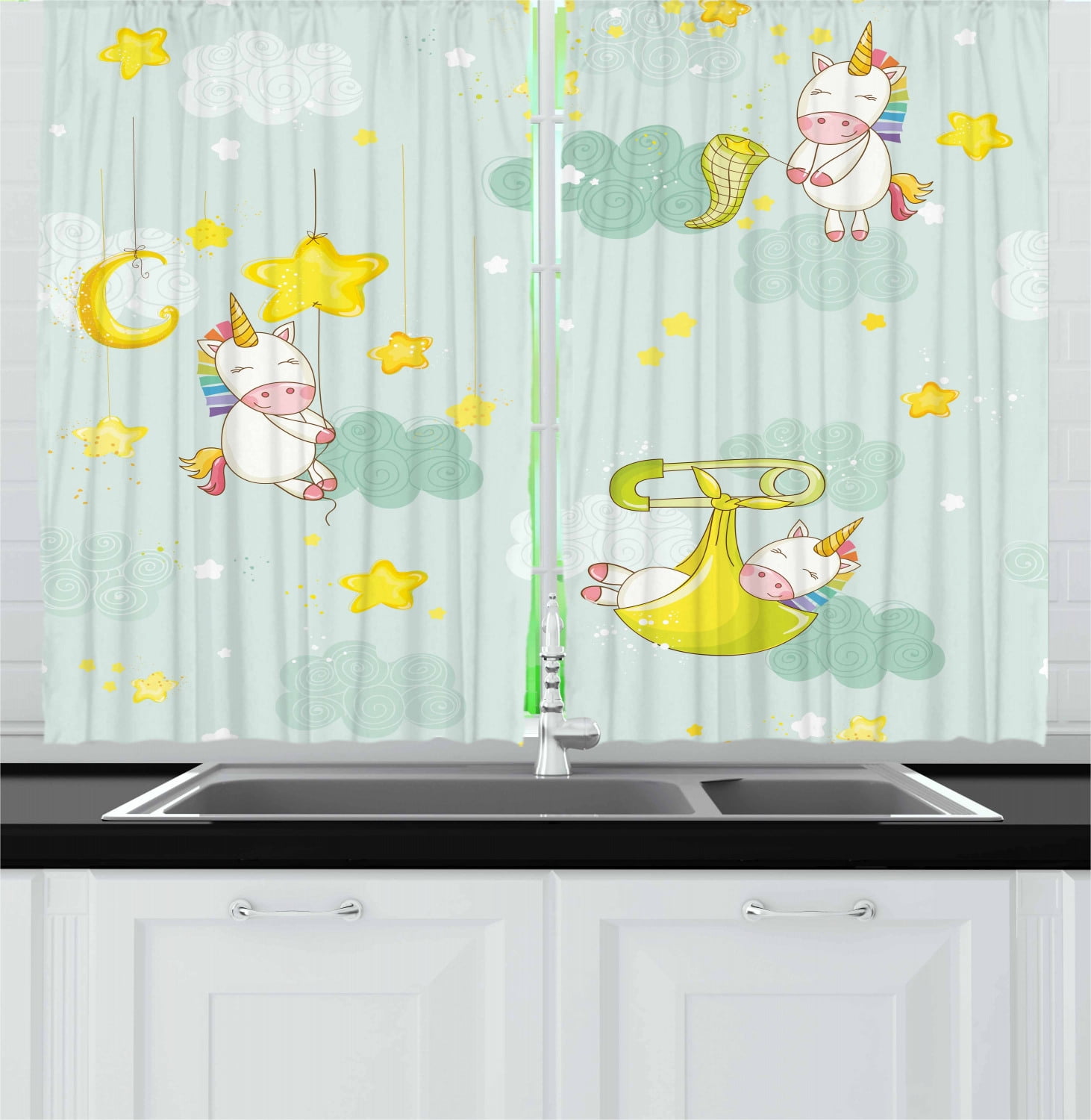 Unicorn Party Curtains 2 Panels Set, Night Illustration with Colorful Cartoon Animals Sleeping and Catching Stars, Window Drapes for Living Room Bedroom, 55W X 39L Inches, Multicolor, by Ambesonne