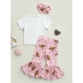 thumbnail image 4 of Seyurigaoka Baby Girls Summer Outfits Letters Print Short Sleeve T-shirt and Casual Cow Head Print Flare Pants with Headbands Sets, 4 of 7