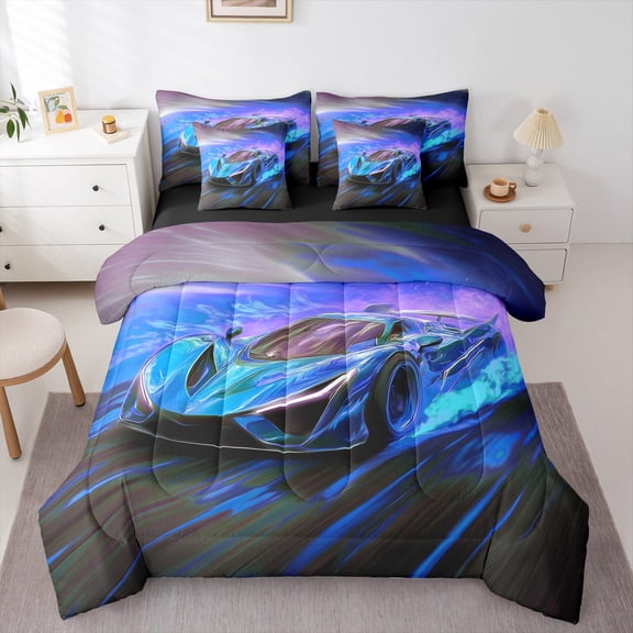 Castle Fairy Racing Car Twin Bedding Sets for Kids Teens,Black Blue Bedding Comforter Set