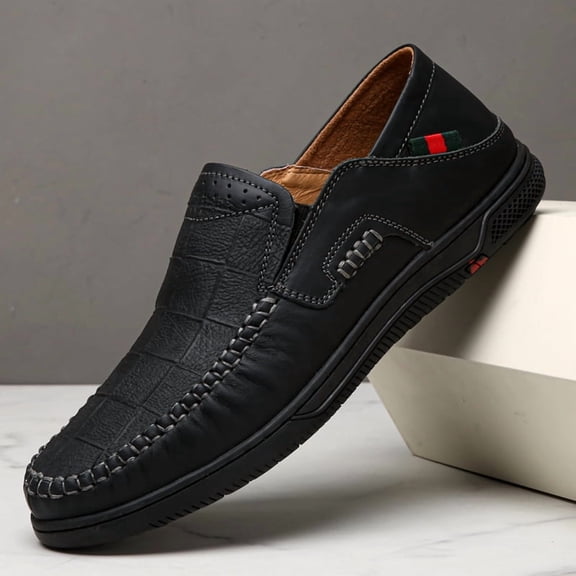Black Croc Embossed Slip-On Casual Loafers with Red-Green Web Detail for Men