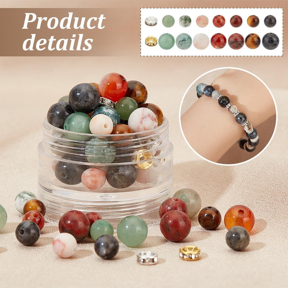 PH 520pcs Stone Beads Kit for Jewelry Making 14 Styles 6/8mm Natural Gemstone Beads Marble Loose Beads Round Smooth Beads with Iron Rhinestone Spacer Beads for Bracelet Necklace Earring colorful