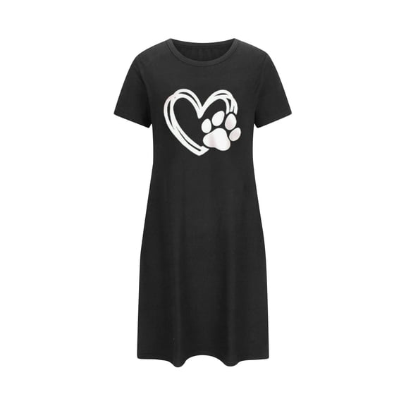 Tnhcen Women's Plus Size Valentine's Day Nightgown, Heart Paw Print Sleep Dress, Black Short Sleeve Sleepwear, Double Brushed Polyester Spandex Fleece, Casual Loungewear, Sizes S-5XL