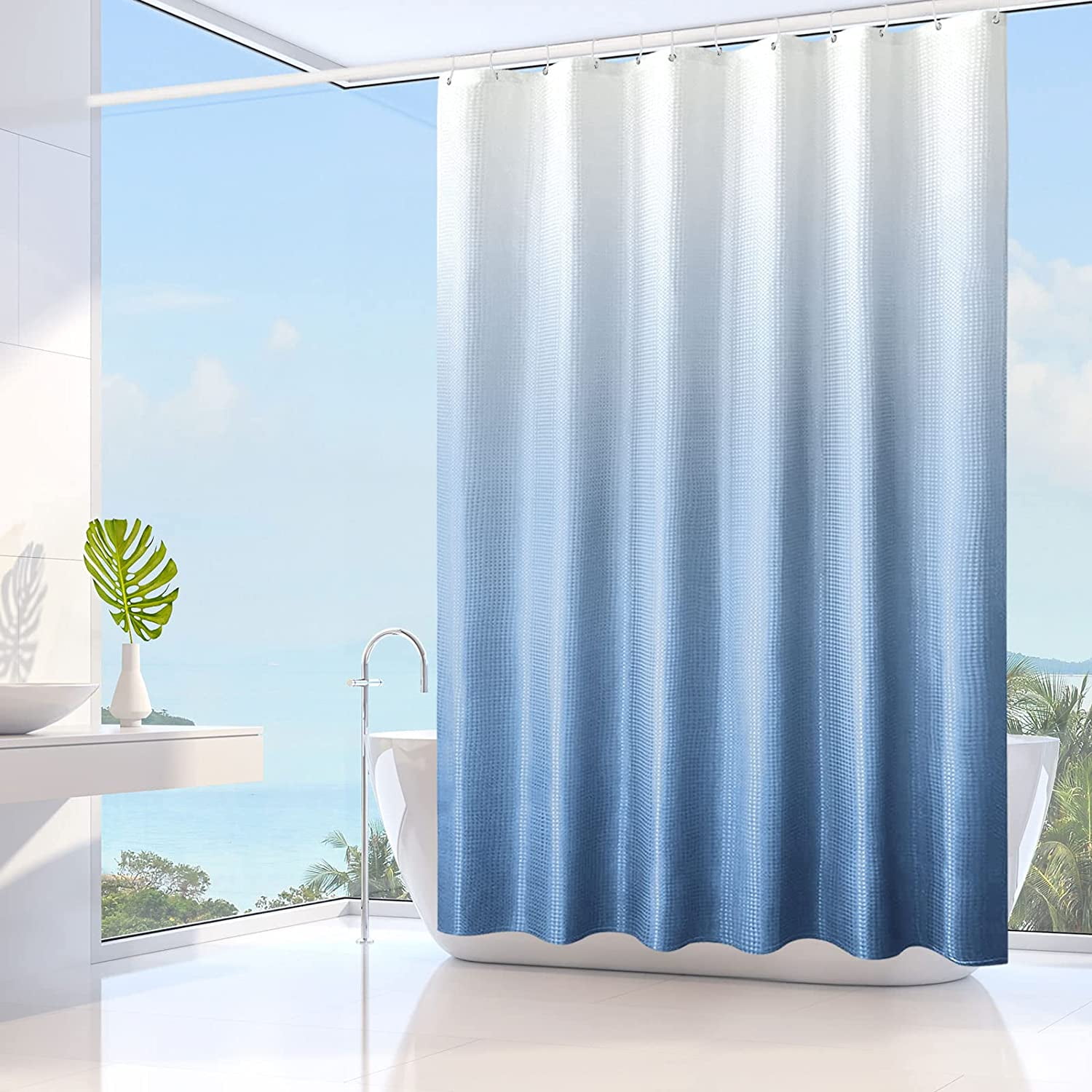 Blue Shower Curtain for Bathroom, Waffle Weave Textured Ombre Fabric Shower Curtain Set with Hooks, Water Repellent, Machine Washable, 72 x 72