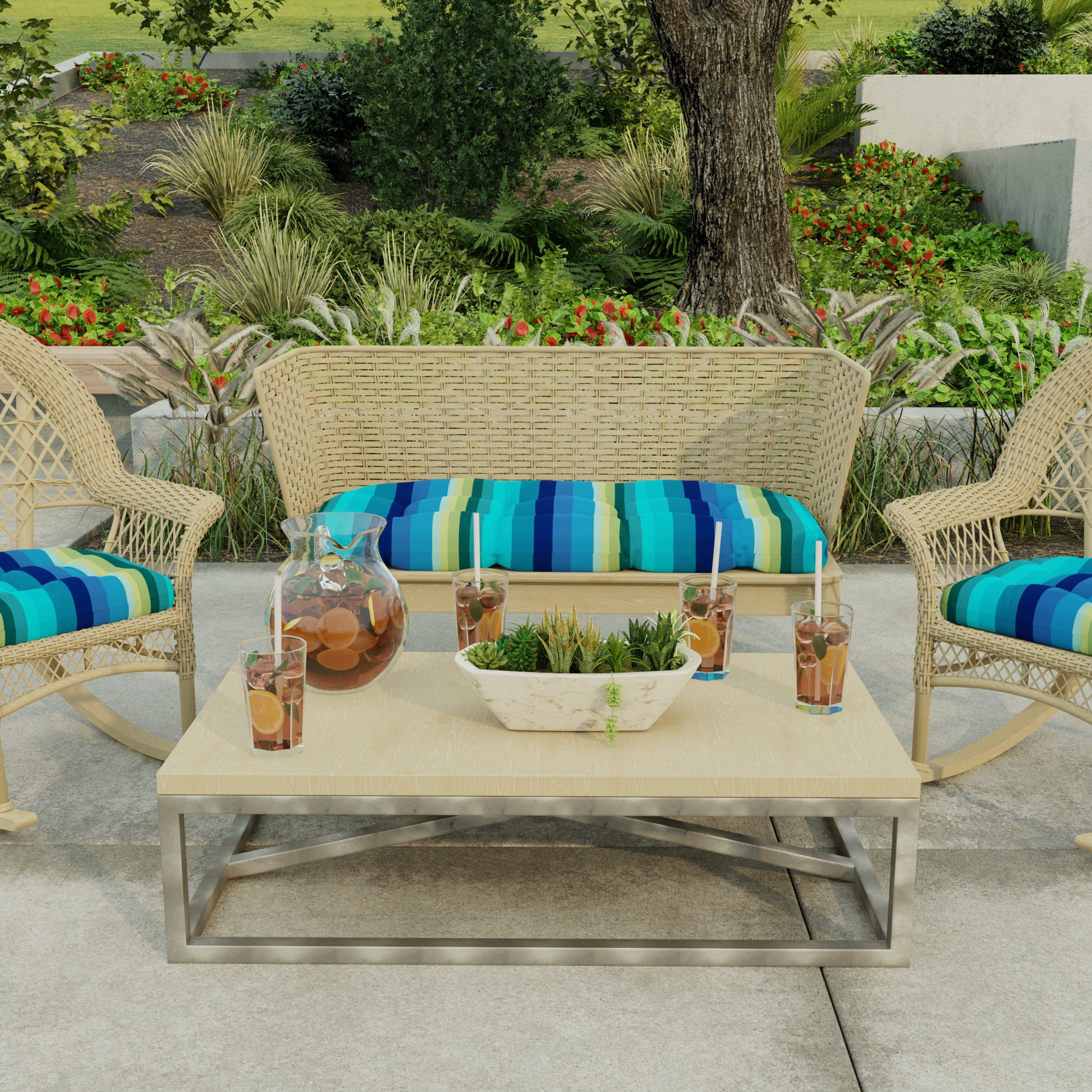 Jordan Manufacturing 44" x 18" Islip Teal Stripe Rectangular Tufted Contoured Outdoor Wicker Settee Bench Cushion