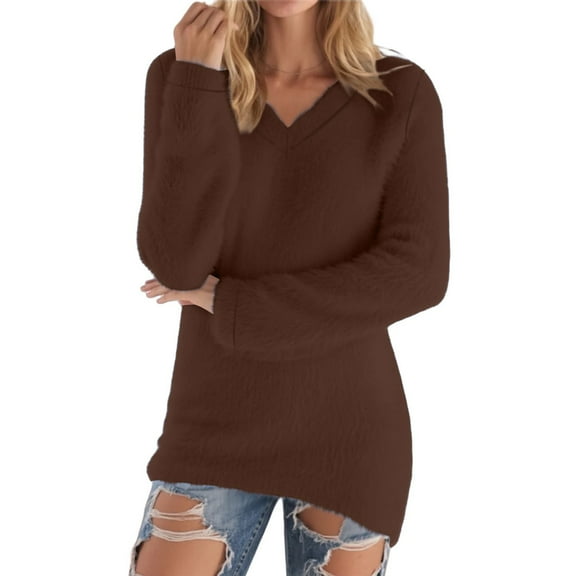 Fmbrln Womens Plus Size Fuzzy Sweaters V Neck Long Sleeve Shirts Fall Winter Soft Comfy Pullover Tops
