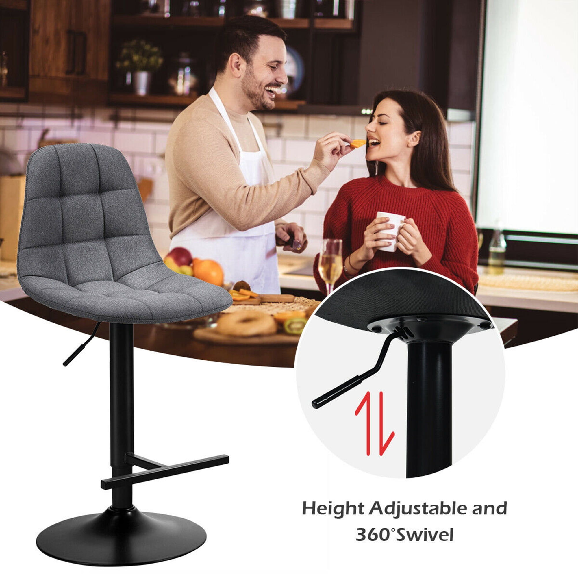 Gymax Set of 2 Swivel Counter Adjustable Bar Stools Height Linen Chairs with Back Gray