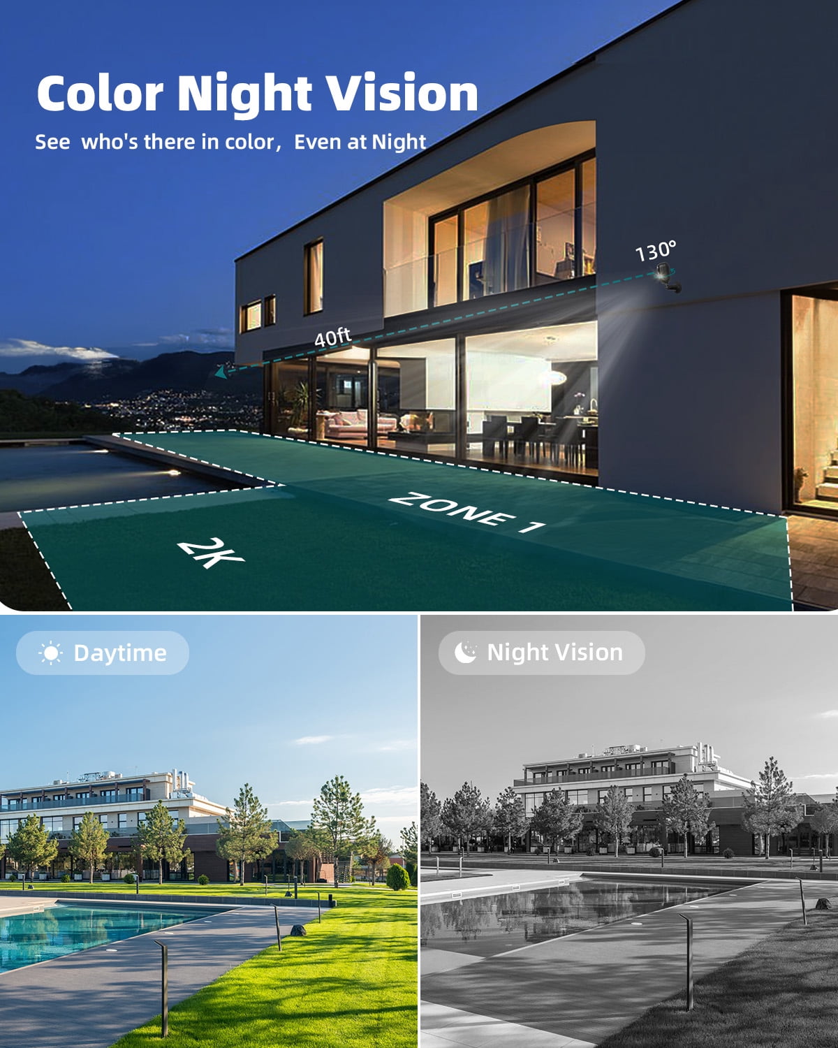 ZUMIMALL 2K Solar Battery Camera, Outdoor Wireless Security, Motion Alert, Color Night Vision, 2.4G WiFi, Black