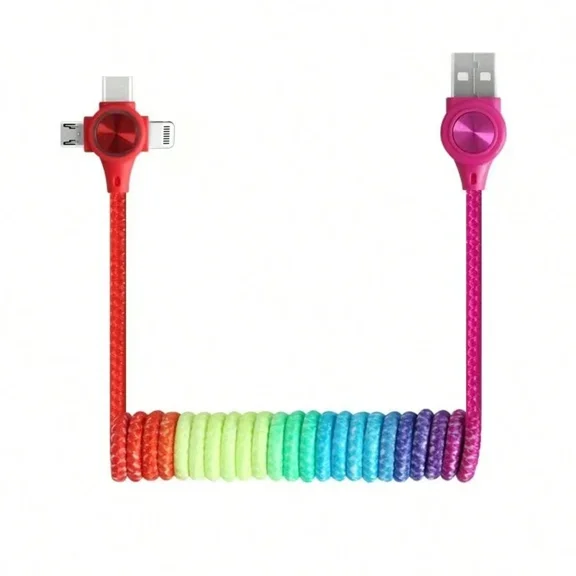 60W fast charging spring-loaded USB charging cable, adjustable length nylon braided, car phone fast charging (expandable up to 1.2 meters), compatible with iPhone, Android, camera, and MP3 universal