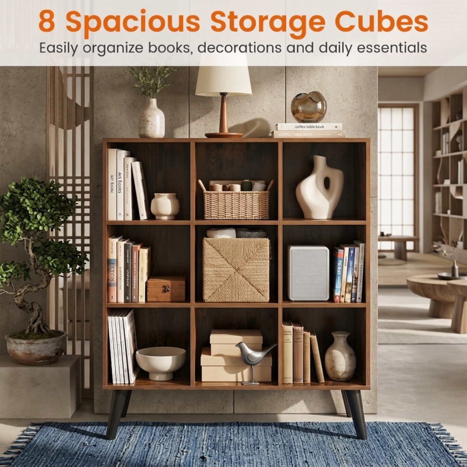 Furnibear 8-Cube Bookcase with Raised Support Legs and Anti-Tipping Kits Freestanding Wood Storage for Living Room and Study, Rustic Brown
