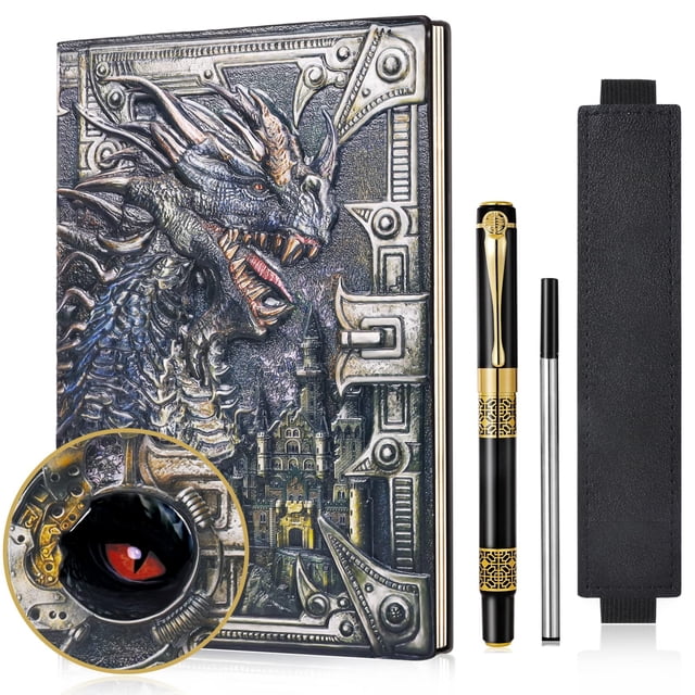 Cuaderno DND Dragon 3D de piel grabada con bolígrafo, tamaño A5
