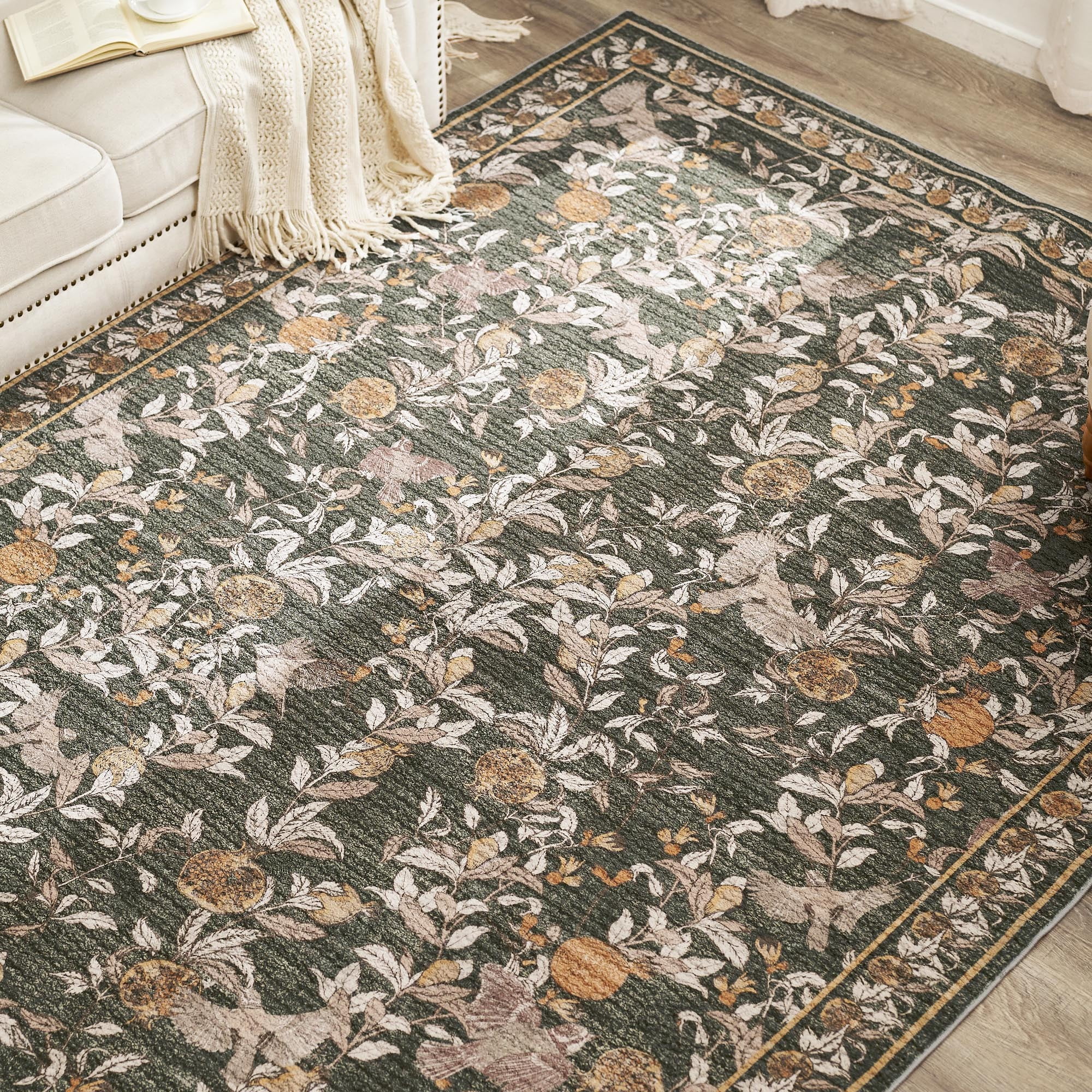 RUGKING Area Rugs For Living Room 5X7 Washable Oriental Rug Floral Print Mat Thin Traditional Carpet For Bedroom Hallway Kitchen Orange/Green
