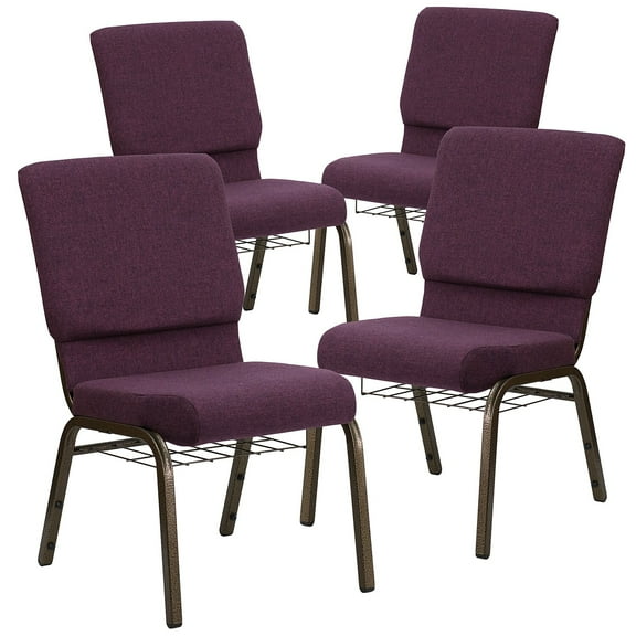 4 Pk. 18.5''W Plum Fabric Church Chair, Cup Book Rack - Gold Vein Frame
