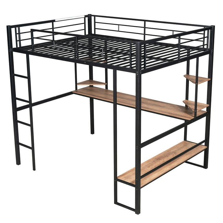 Kumix Full Size Loft Bed with Desk, Bench and Shelves, Metal Loft