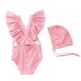 thumbnail image 3 of BESLY Toddler Little Girls Ruffled Swimsuits 1-7T One-Piece Beach Swimwear Chid Sunsuit with Swim Caps, 3 of 3