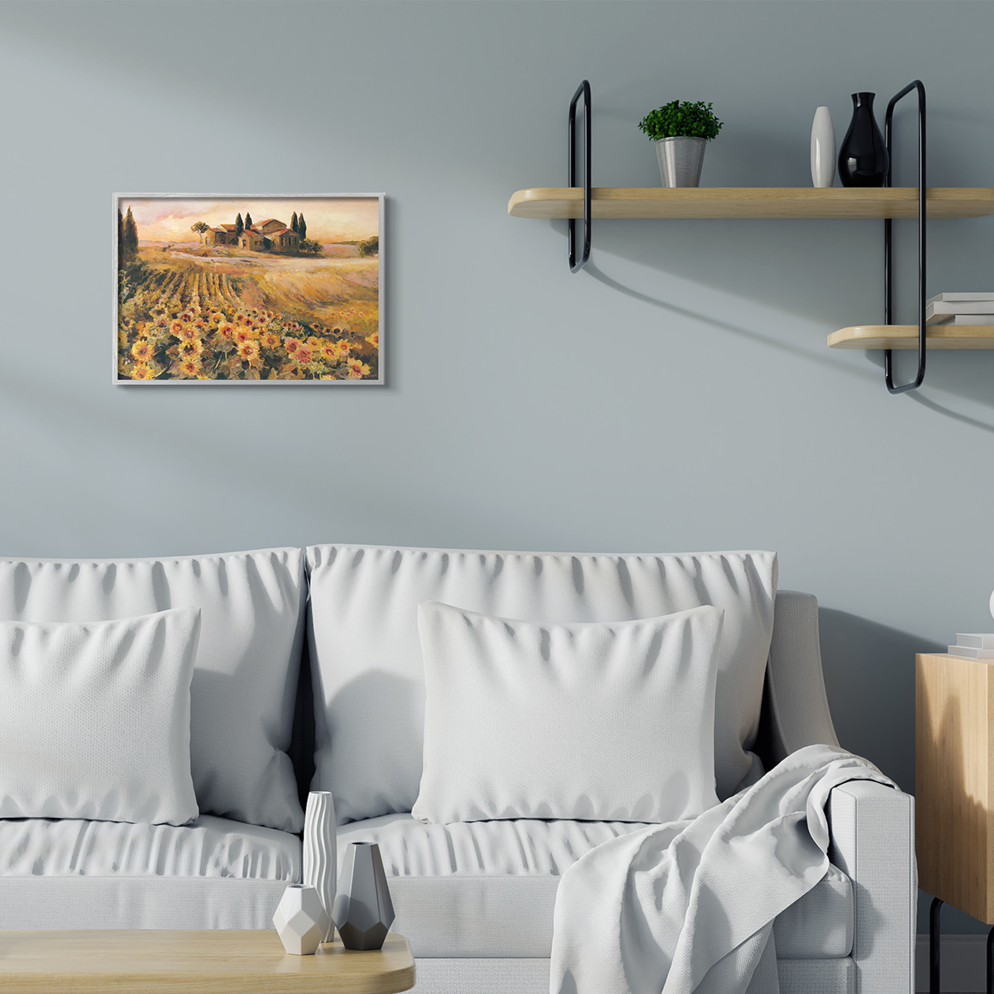 Stupell Industries Italian Villa Autumn Sunflower Field Yellow Green Gray Framed by Marilyn Hageman