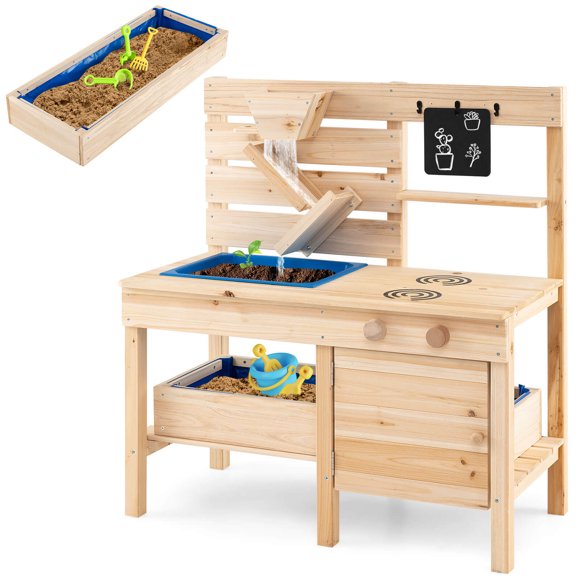Costway Mud Kitchen with Detachable Sandbox Outdoor Play Pretend Kitchen with Stoves